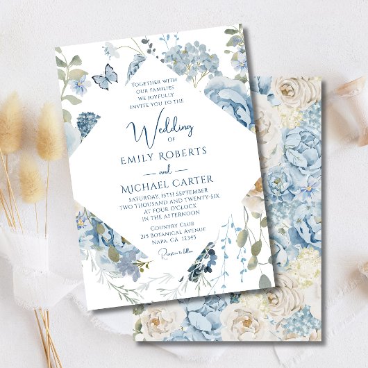 Invitation Mariage floral romantique bleu Dusty