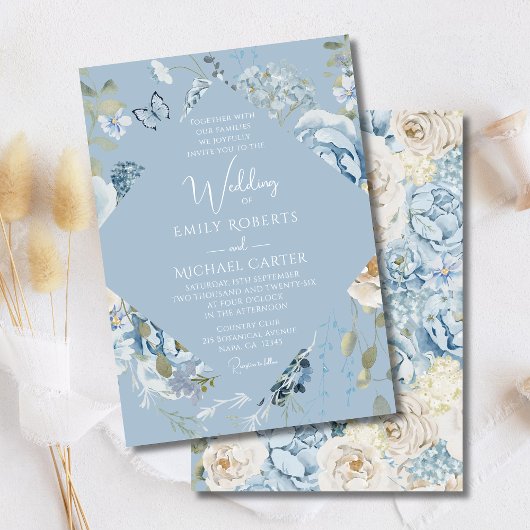 Invitation Mariage floral romantique bleu Dusty