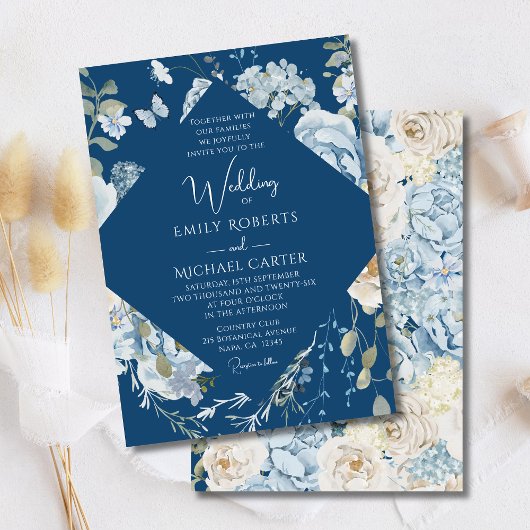 Invitation Mariage floral romantique bleu Dusty