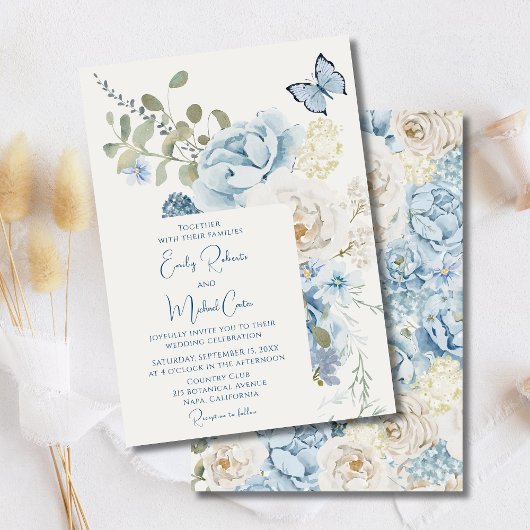 Invitation Mariage floral romantique bleu Dusty