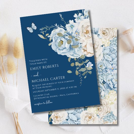 Invitation Mariage floral romantique bleu Dusty