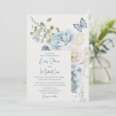 Invitation Mariage floral romantique bleu Dusty (Debout devant)
