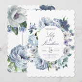 Invitation Mariage floral romantique bleu français (Devant / Derrière)