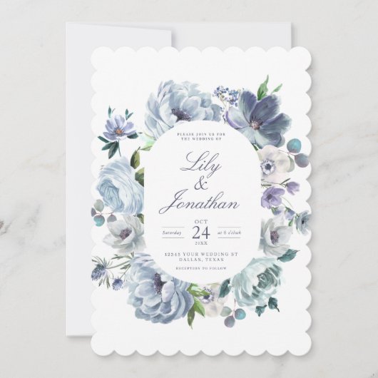 Invitation Mariage floral romantique bleu français (Devant)