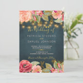 Invitation Mariage floral romantique bleu marine doré (Debout devant)