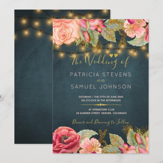 Invitation Mariage floral romantique bleu marine doré (Devant / Derrière)