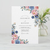 Invitation Mariage Floral Romantique Bleu Poussiéreux (Debout devant)