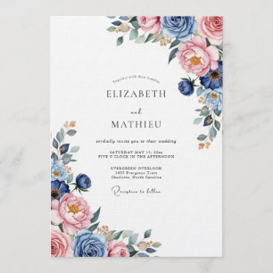 Invitation Mariage Floral Romantique Bleu Poussiéreux