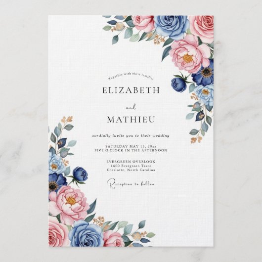 Invitation Mariage Floral Romantique Bleu Poussiéreux (Devant)