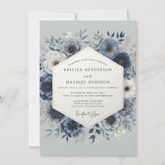 Invitation Mariage Floral Romantique Bleu Poussiéreux (Devant)