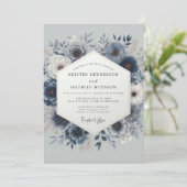 Invitation Mariage Floral Romantique Bleu Poussiéreux (Debout devant)