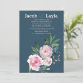 Invitation Mariage floral romantique bleu rose pâle rose (Debout devant)