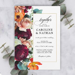 Invitation Mariage floral romantique d'automne frais<br><div class="desc">Un choix romantique moderne dans les invitations de mariage, ce design présente des couleurs romantiques riches de rouge bordeaux, orange rustique, rose rousse et feuilles verts turquoises dans une belle bordure fleurie placée à gauche de votre texte. Le fond de l'invitation est assorti à un bouquet floral qui fait une...</div>