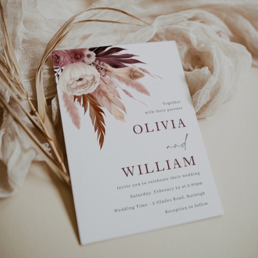 Invitation Mariage floral romantique de Bourgogne et Boho blu