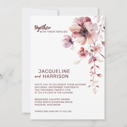 Invitation Mariage floral romantique de Bourgogne et de Blush (Devant)