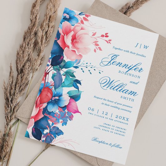 Invitation Mariage floral romantique Élégant Script bleu rose