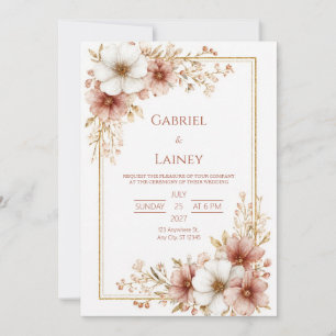 Invitation Mariage Floral Romantique Esquissé Rose Poussiéreu