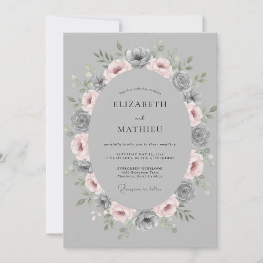 Invitation Mariage Floral Romantique Gris (Devant)