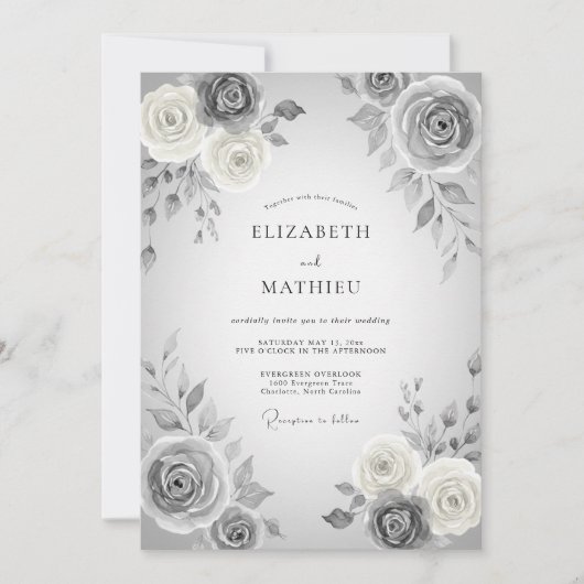 Invitation Mariage Floral Romantique Gris (Devant)