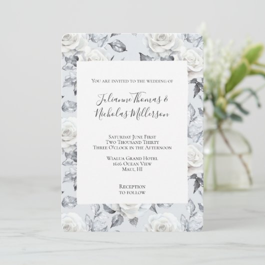 Invitation Mariage floral romantique gris argenté blanc rose (Debout devant)