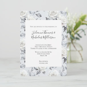 Invitation Mariage floral romantique gris argenté blanc rose