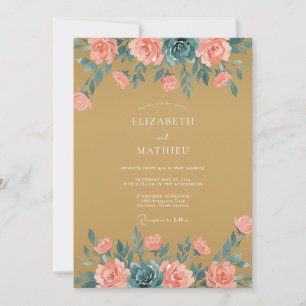 Invitation Mariage Floral Romantique Pêche Dorée