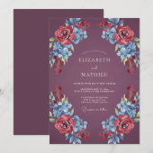 Invitation Mariage Floral Romantique Prune Profond (Devant / Derrière)