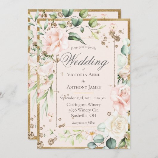 Invitation Mariage floral romantique rose (Devant / Derrière)