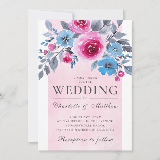 Invitation Mariage Floral Romantique Rose Et Bleu Aquarelle (Devant)