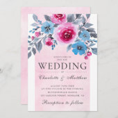 Invitation Mariage Floral Romantique Rose Et Bleu Aquarelle (Devant / Derrière)