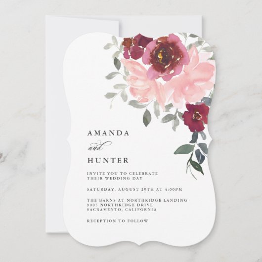 Invitation Mariage floral romantique rose et bordeaux (Devant)