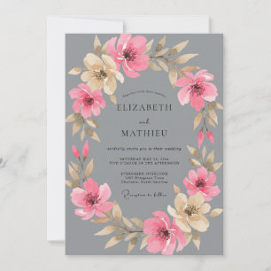 Invitation Mariage Floral Romantique Rose Gris
