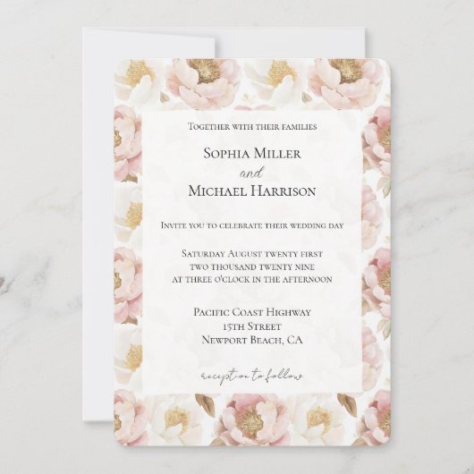 Invitation Mariage floral romantique rose or (Devant)