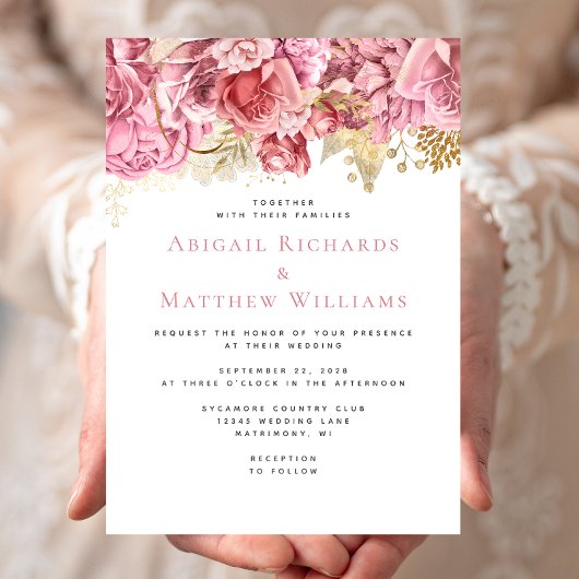 Invitation Mariage floral romantique rose or