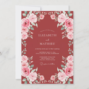 Invitation Mariage Floral Romantique Rouge