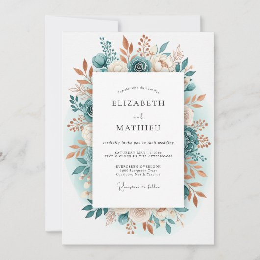 Invitation Mariage Floral Romantique Sarcelle (Devant)