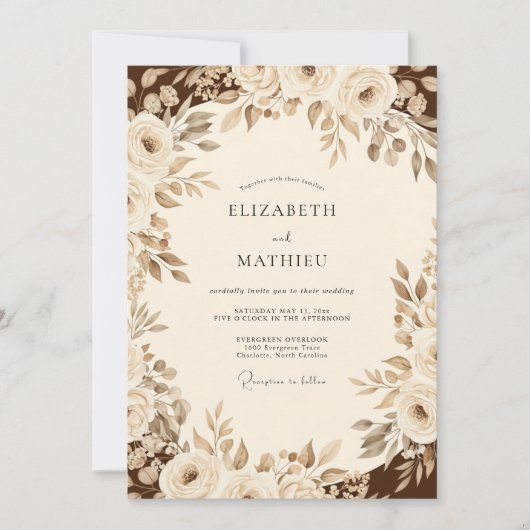 Invitation Mariage Floral Romantique Sépia (Devant)