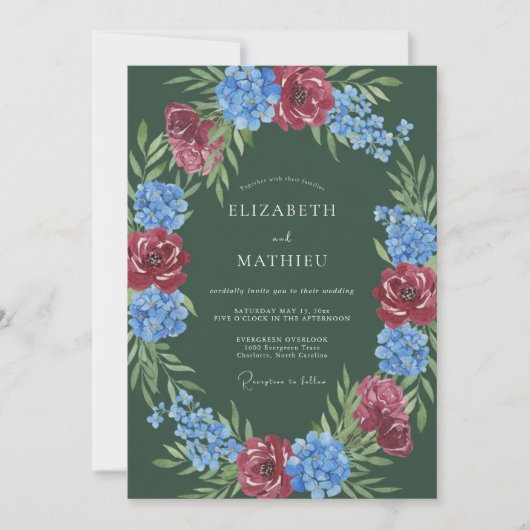 Invitation Mariage Floral Romantique Vert Profond (Devant)