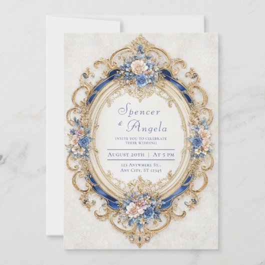 Invitation Mariage floral romantique victorien bleu et or (Devant)