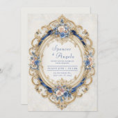 Invitation Mariage floral romantique victorien bleu et or (Devant / Derrière)