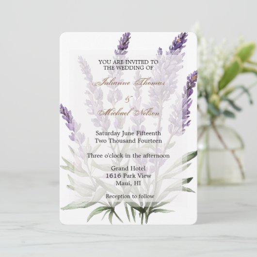 Invitation Mariage floral romantique violet de lavande (Debout devant)