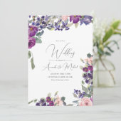 Invitation Mariage floral romantique violet et rose (Debout devant)