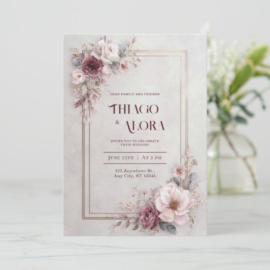 Invitation Mariage floral Rose (Debout devant)