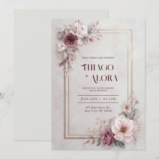 Invitation Mariage floral Rose (Devant / Derrière)