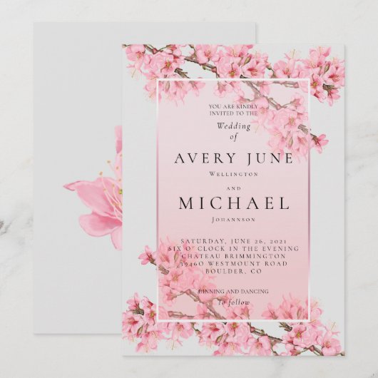 Invitation Mariage floral rose à la floraison de cerisier (Devant / Derrière)