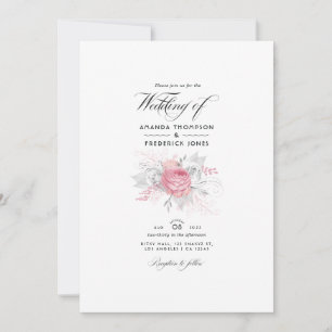 Invitation Mariage floral rose, argenté et blanc