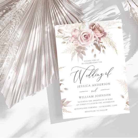 Invitation Mariage floral rose blanc Boho Rose poussiéreux