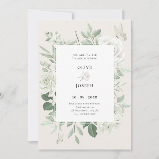 Invitation Mariage floral rose blanche (Devant)