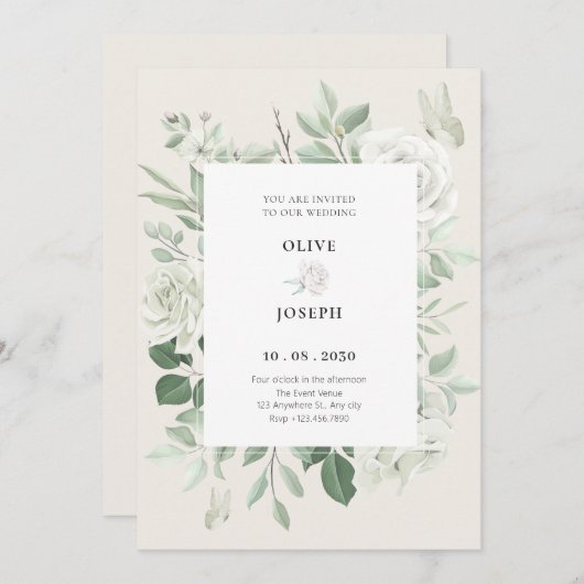 Invitation Mariage floral rose blanche (Devant / Derrière)