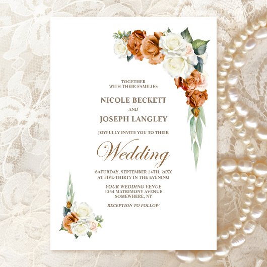 Invitation Mariage Floral Rose Blanche Orange Brûlé